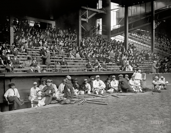 Photo showing: 1914 World Series -- October 9, 1914. Philadelphia Athletics dugout prior to start of Game 1 of 1914 World Series at Shibe Park.