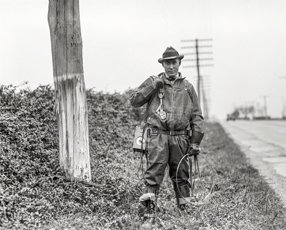 Photo showing: Pole Cat -- Washington, D.C., 1929. Chesapeake & Potomac Telephone Co. lineman.