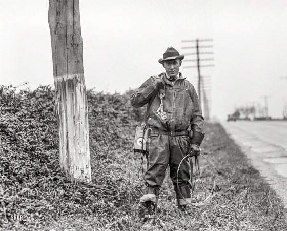 Photo showing: Pole Cat -- Washington, D.C., 1929. Chesapeake & Potomac Telephone Co. lineman.