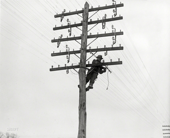 Photo showing: A Higher Calling -- Washington, D.C., 1929. Chesapeake & Potomac Telephone Co. lineman.
