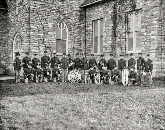 Photo showing: The Music Men -- Virginia P.I. Cadet Band. Circa 1920, the men of Virginia Polytechnic Institute in Blacksburg.