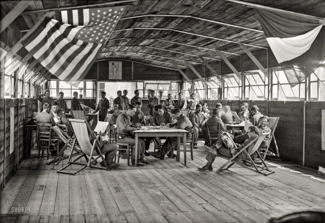 Photo showing: Croix Rouge Americaine -- January 20, 1919. Recreation barracks at the American Red Cross
Agricultural Training School for French Mutiles, Le Liege (Indre et Loire).