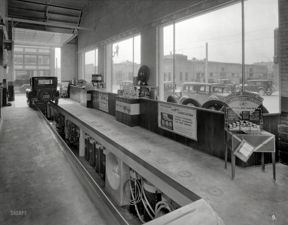 Photo showing: Specialized Lubrication -- Sept. 14, 1932. Goodyear service station, San Francisco.