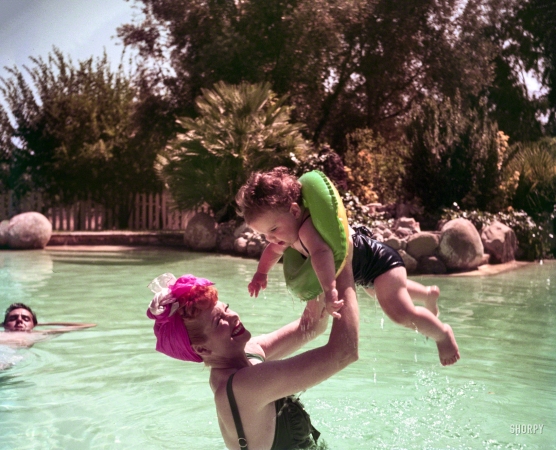 Photo showing: I Love Mommy -- August 1952. Lucille Ball and Desi Arnaz with their daughter,
Lucie, in swimming pool at their home in Palm Springs.