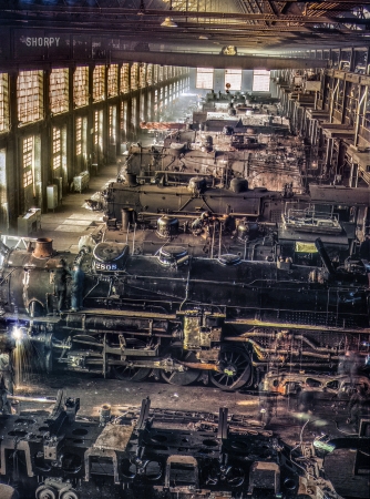 Photo showing: Dinosaur Garage -- December 1942. 40th Street Shops (Chicago
& North Western locomotive shops at Chicago).