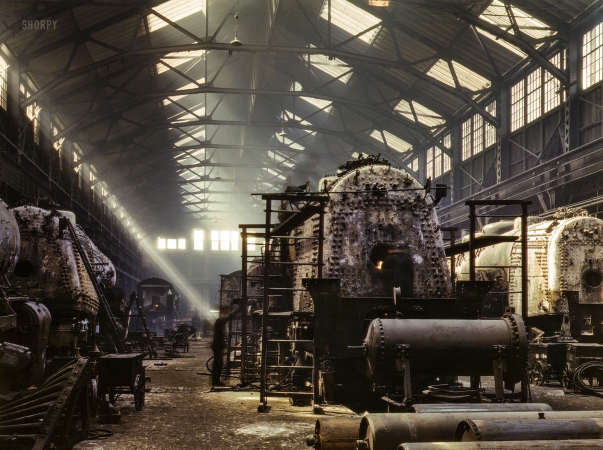 Photo showing: Hall of Dinosaurs -- Santa Fe R.R. locomotive shops, Topeka, Kansas. March 1943.