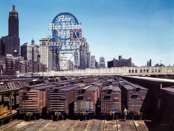 Photo showing: Pabst Blue Ribbon -- South Water Street freight depot, Illinois Central Railroad, 1943.