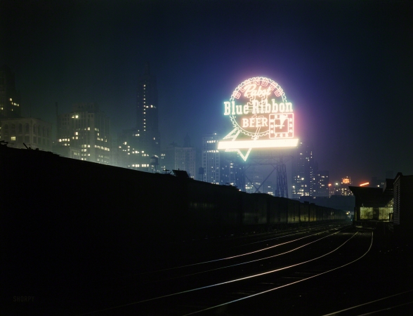 Photo showing: Chicago Noir -- Chicago, April 1943. Illinois Central R.R. freight cars in South Water Street freight terminal.