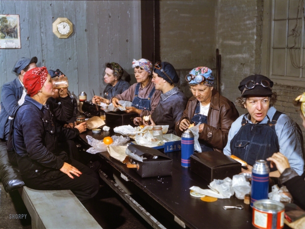 Photo showing: The Ladies Who Lunch -- April 1943. Women employed as wipers in the roundhouse having lunch, Chicago & North Western Railroad, Clinton, Iowa.