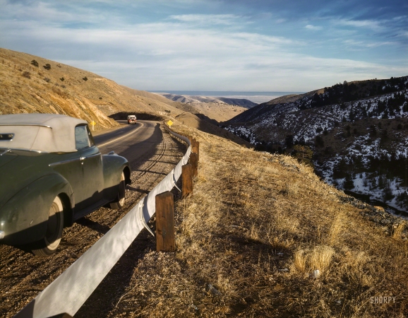 Photo showing: On the Road. -- December 1942.  View at Shingle Creek along U.S. 40 in Mount Vernon Canyon, Colorado.