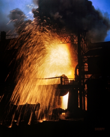 Photo showing: American Iron -- 1942. Bessemer converter (iron into steel), Allegheny Ludlum Steel Corp., Brackenridge, Pennsylvania.