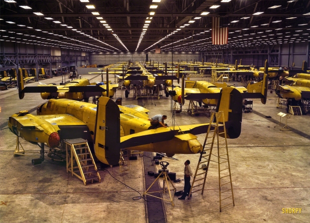 Photo showing: Stings Like a B -- October 1942. B-25 bomber assembly hall, North American Aviation, Kansas City.