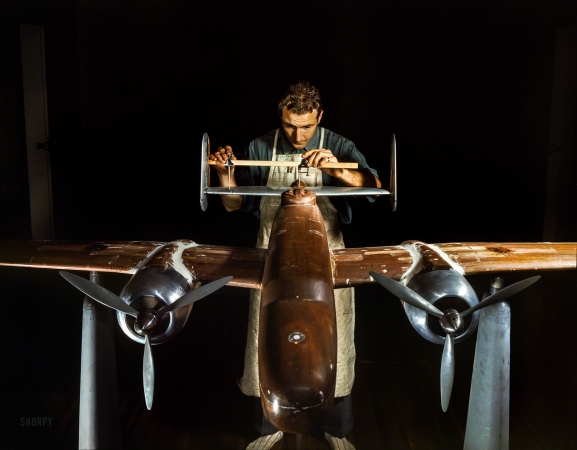 Photo showing: Scale Model Bomber -- October 1942. Preparing a model of the B-25  for the wind tunnel at No. American Aviation's plant at Inglewood, California.