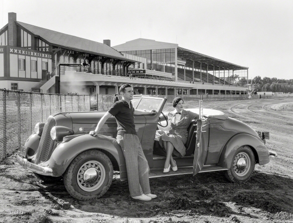 Photo showing: Sporting Life -- April 17, 1935. Pontiac convertible coupe at Tanforan racetrack, San Bruno.