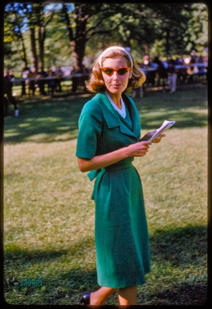 Photo showing: A Dame at the Races -- August 1960. Saratoga Springs, New York, where horse is king. 