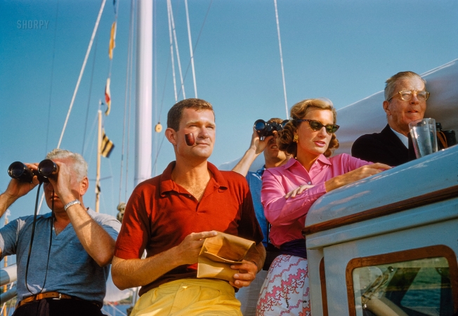 Photo showing: Pink Lady -- June 1960. New London, Connecticut. Watching the
Harvard-Yale Regatta aboard Harold Vanderbilt's yacht.