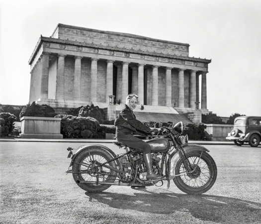 Photo showing: Mrs. Haltermans Harley -- Sept. 15, 1937. Mrs. Sally Halterman, first woman to be granted
a license to operate a motorcycle in the District of Columbia.