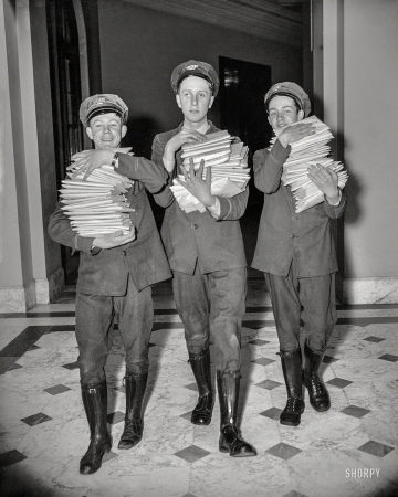 Photo showing: Mad Tidings -- March 28, 1938. Extra messengers were needed today to deliver the
thousands of telegrams protesting the Government Reorganization Bill. 