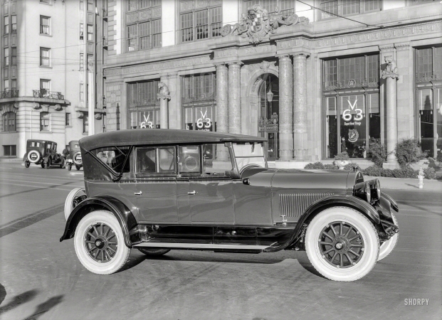 Photo showing: Expect Great Things -- Dec. 27, 1923. Don Lee Cadillac agency and Model V-63 Phaeton.