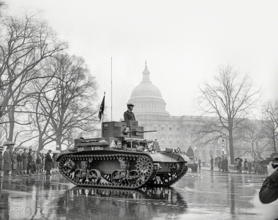 Photo showing: Army Day Parade -- April 6, 1939. Latest types of tanks rumble past the Capitol in annual Army Day Parade.
