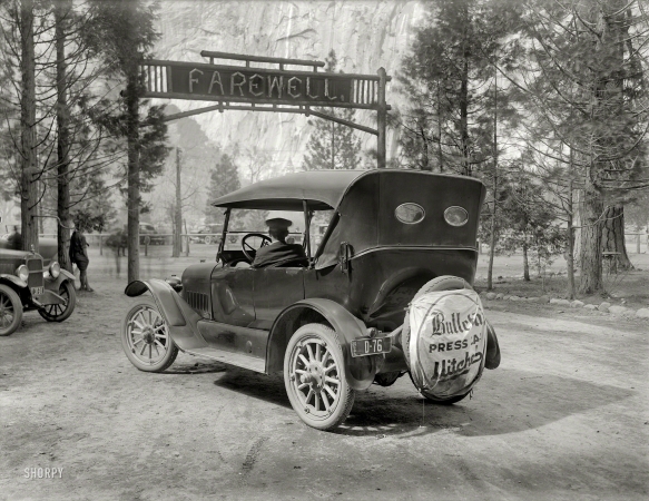 Photo showing: Goodbye Yosemite -- 1920. Bulletin press car -- Mitchell auto at Yosemite National Park.