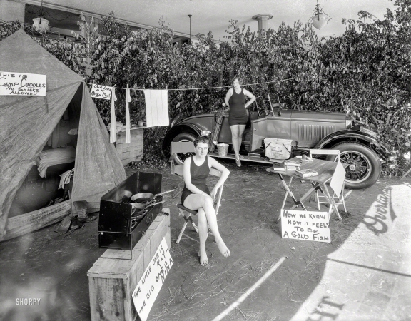 Photo showing: Camp Cuddles -- San Francisco circa 1925. Swimsuit girls camping in dealer window with Willys-Knight auto.