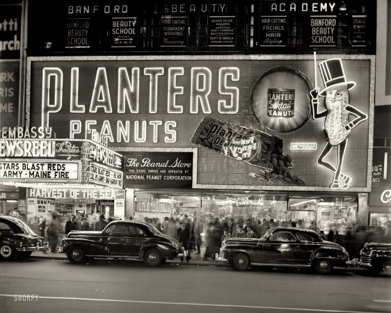Photo showing: National Peanut -- New York circa 1947. National Peanut Corp. store on Broadway -- Mr. Peanut sign and Embassy Newsreel Theatre.