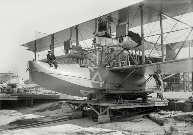 Photo showing: First Across -- May 1919. Rockaway Beach, Long Island, N.Y. The NC-4 Curtiss flying boat, first aircraft to cross the Atlantic.