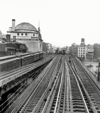 Photo showing: Bowery Banking -- New York circa 1947. Manhattan Savings Bank and Third Avenue elevated tracks.