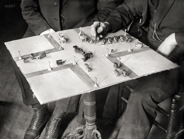 Photo showing: Do Not Pass GO -- Washington, D.C., circa 1922. Automobile accident recreation with miniature cars.