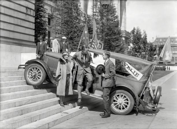 Photo showing: Social Climbers -- San Francisco circa 1925. Velie touring car ascending steps.
