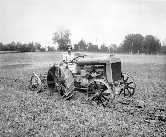 Photo showing: Golden Eagle -- Sept. 26, 1921. Ford tractor demonstration. Miss Myrtle Lewton of Takoma, Md., Golden Eagle Girl Scout.