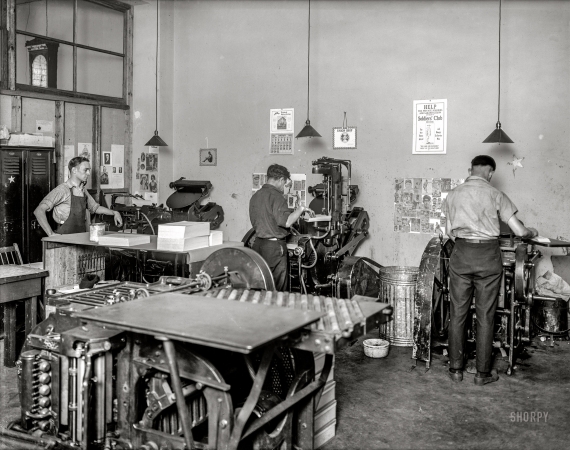 Photo showing: Print Shop -- January 1922. Washington, D.C. Machinists' Association -- printers.