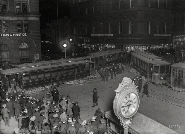 Photo showing: Mash Transit -- Nov. 12, 1920. Washington, D.C. 14 persons injured in crash of three cars: Wreck at 9th and F Streets when brakes fail.