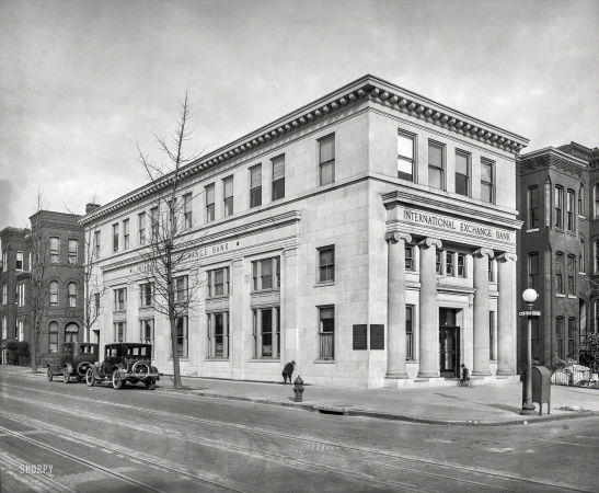 Photo showing: Casing the Joint -- Washington, D.C., circa 1925. International Exchange Bank, 5th and H Streets N.W.