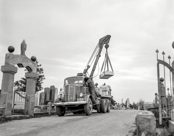 Photo showing: At Rest -- New York, 1948. Weitzner & Papper Monuments truck at Mount Hebron Cemetery, Flushing, Queens.
