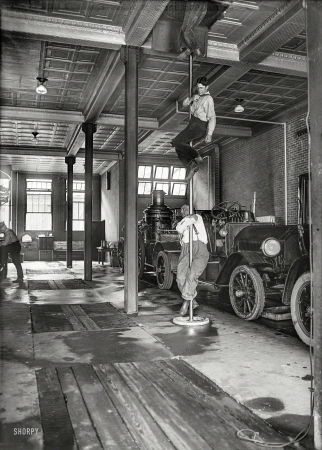 Photo showing: Down the Pole -- Washington, D.C., 1922. Fire layout -- answering the fire bell.