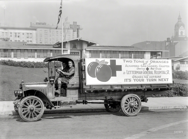 Photo showing: Golden Cargo -- March 1920. Republic motor truck at Letterman Hospital, San Francisco, with cargo of oranges.