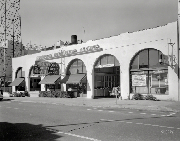 Photo showing: Willard Batteries -- Nov. 6, 1947. Brunton's Auto Service, north side of Bush between Polk & Larkin.