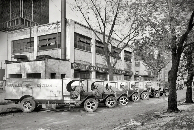 Photo showing: Rolling Cold -- Washington, D.C., circa 1928. Fussell-Young Ice Cream Co. trucks.