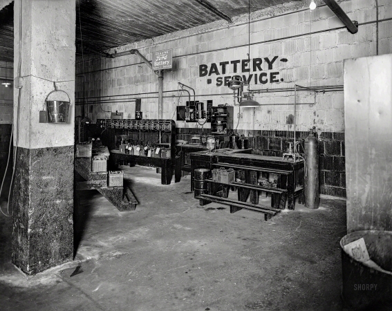 Photo showing: Battery Service -- Takoma Park, Maryland, circa 1928. Hendrick Motor Co. garage.