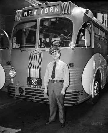 Photo showing: Bus Start -- Washington, D.C., 1936. Bus transportation -- Greyhound Lines driver with coach bound for New York.