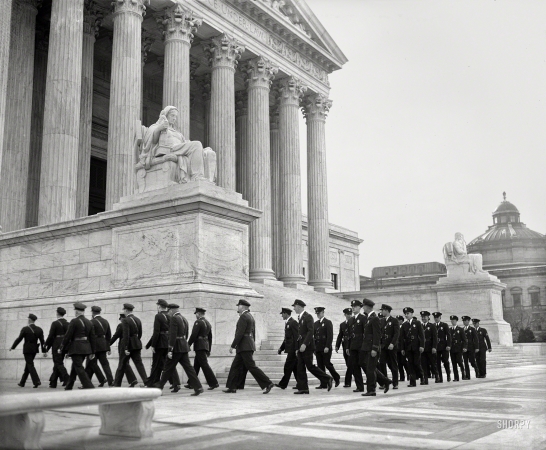 Photo showing: Pillars of Justice -- October 1, 1936. Washington, D.C.  Supreme Court guard.