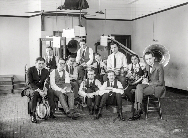 Photo showing: Men With a Horn -- New York circa 1922. Paul Specht band in recording studio.