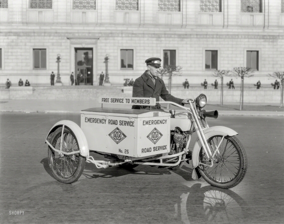Photo showing: To the Rescue -- San Francisco circa 1925. Emergency Road Service motorcycle -- California State Automobile Association.