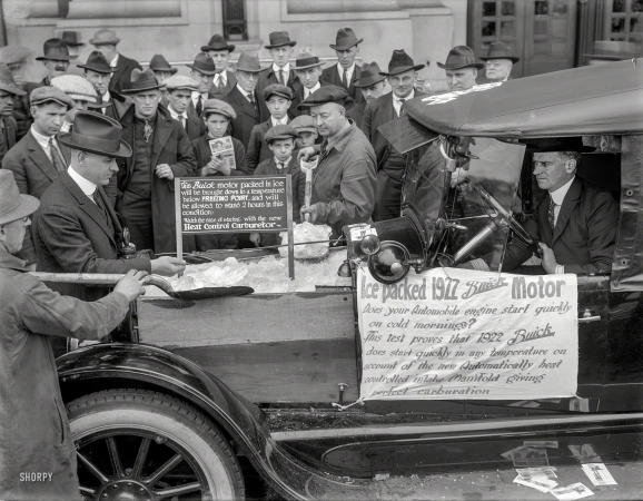 Photo showing: Icebox Buick -- San Francisco, 1922. Ice-packed Buick motor stunt.