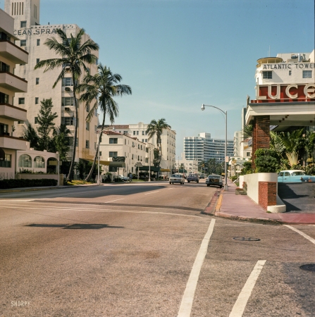 Photo showing: Ocean Spray -- 1964. Collins Avenue, Miami Beach. Starring the Ocean Spray and Fontainebleau hotels. 