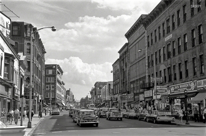 Photo showing: Bustling Brockton -- Street scene, Brockton, Massachusetts, July 1962.