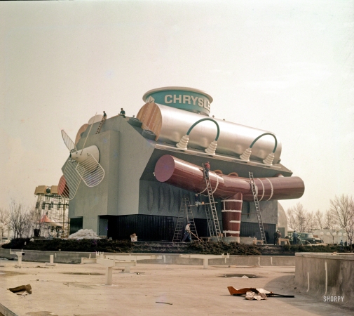 Photo showing: House of Mopar -- Chrysler pavilion under construction -- New York World's Fair, 1964.