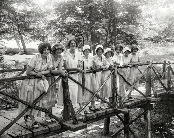 Photo showing: None Shall Pass -- Washington, D.C., 1924. Rock Creek Park scenes. Girls on bridge.